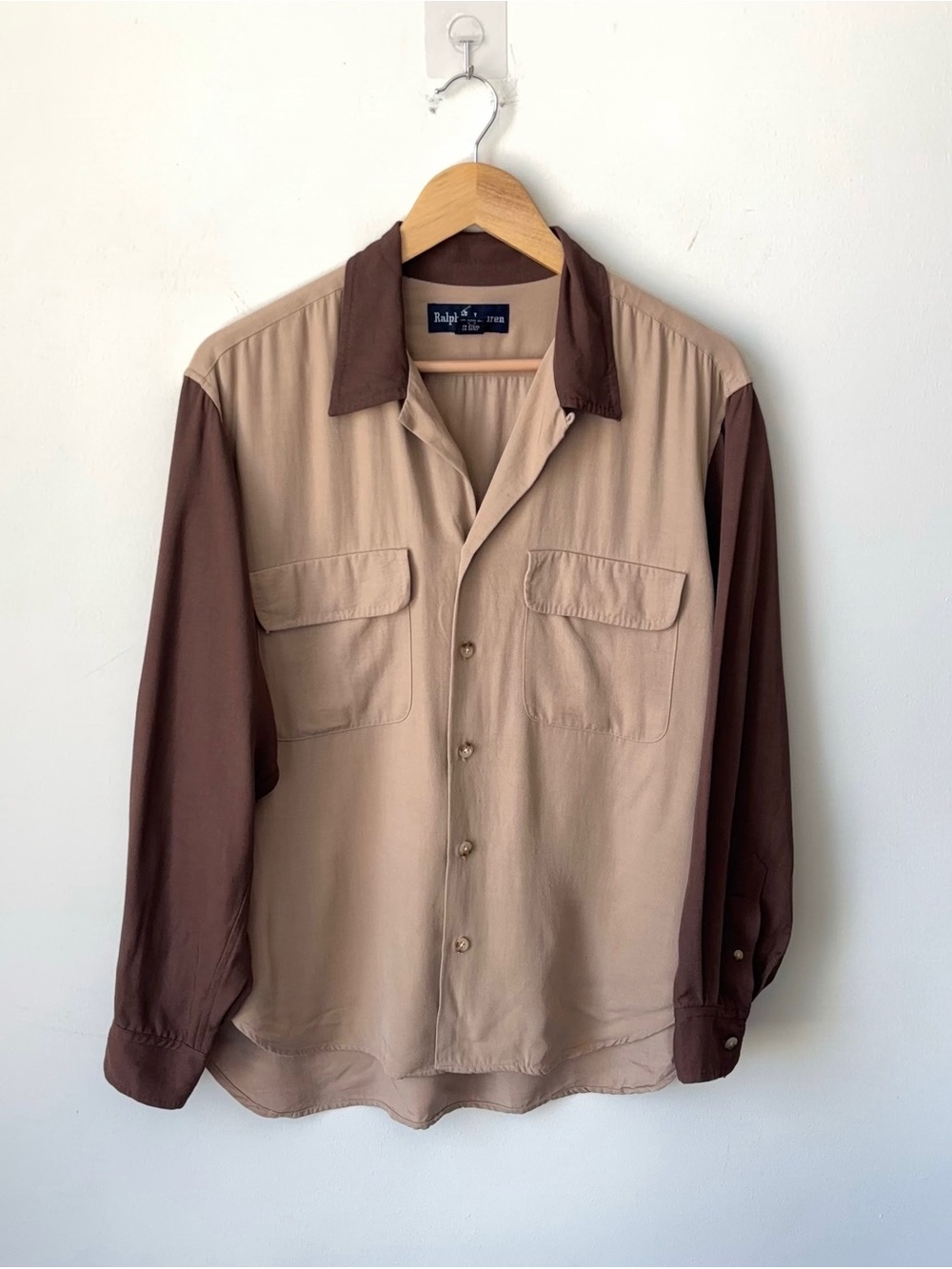 Vintage Ralph Lauren Rayon Two Tone Shirt Size 14 Loop Camp Open Collar Relaxed